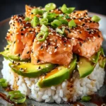 Irresistible Teriyaki Salmon Avocado Rice Stack Recipe First Image