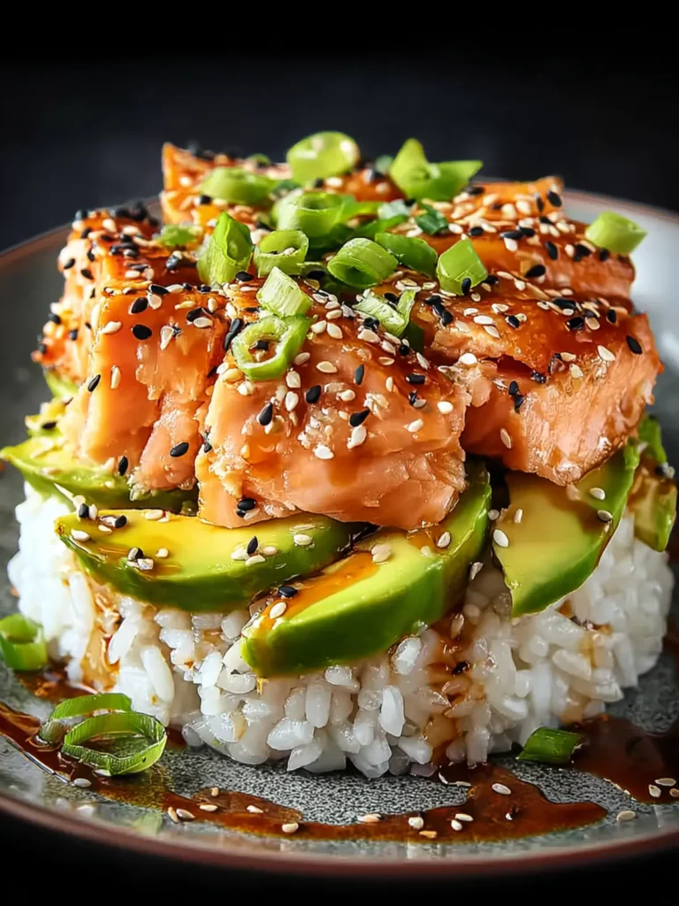 Irresistible Teriyaki Salmon Avocado Rice Stack Recipe First Image