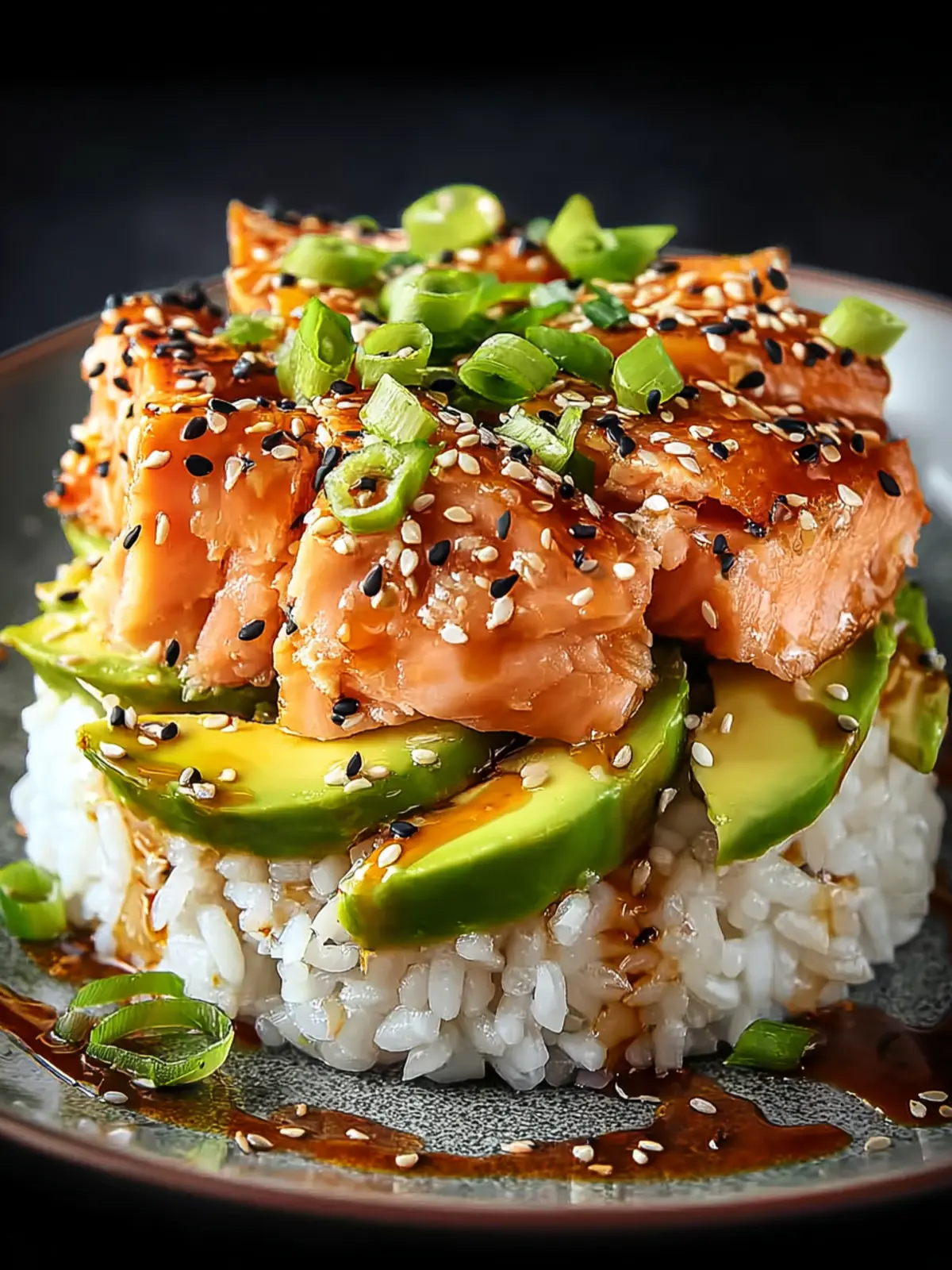 Irresistible Teriyaki Salmon Avocado Rice Stack Recipe First Image