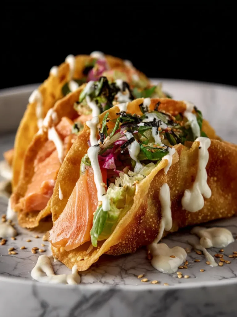 Salmon Wonton Tacos with Yuzu Mayo First Image