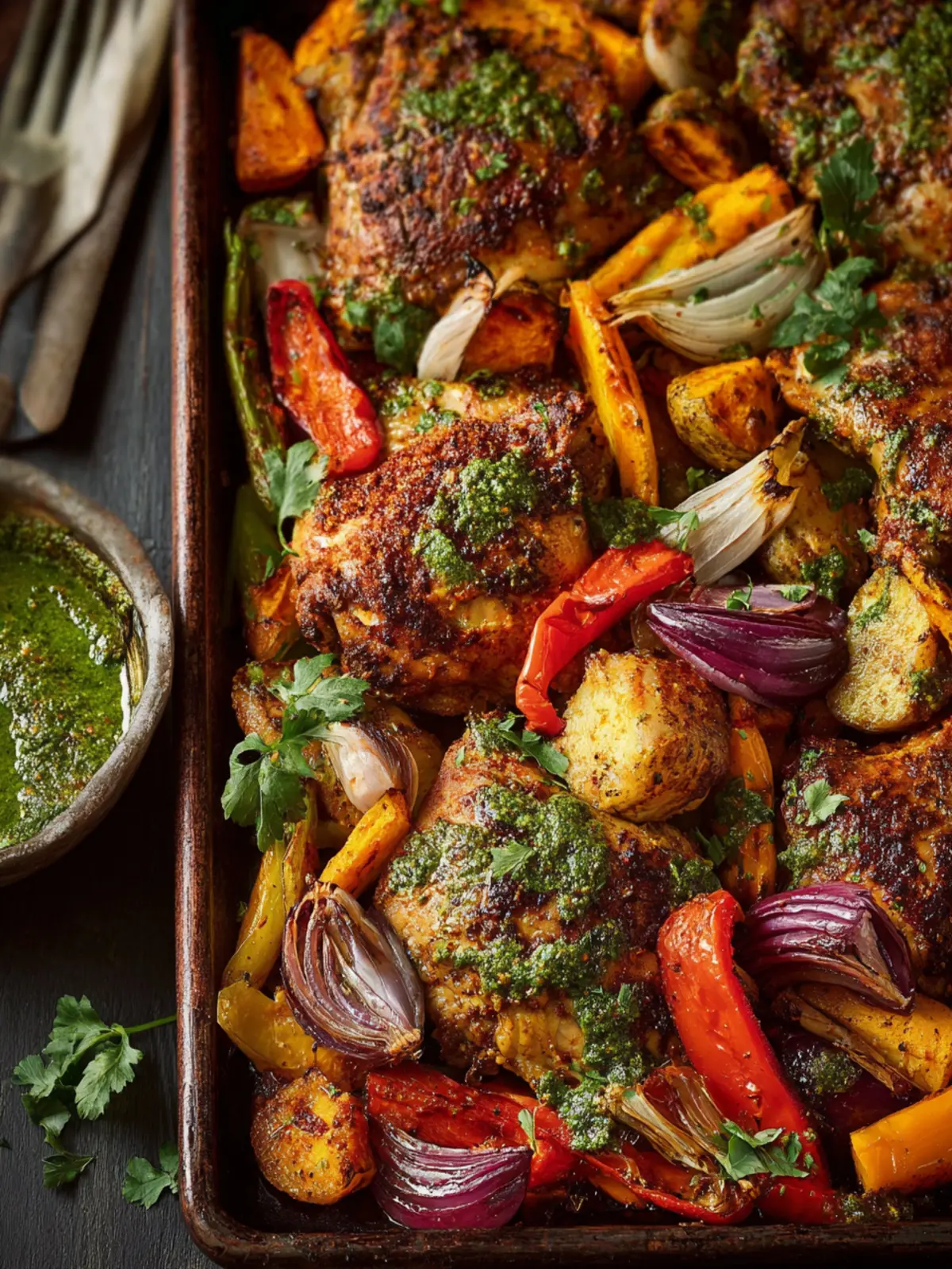 Sheet Pan Green Harissa Chicken First Image